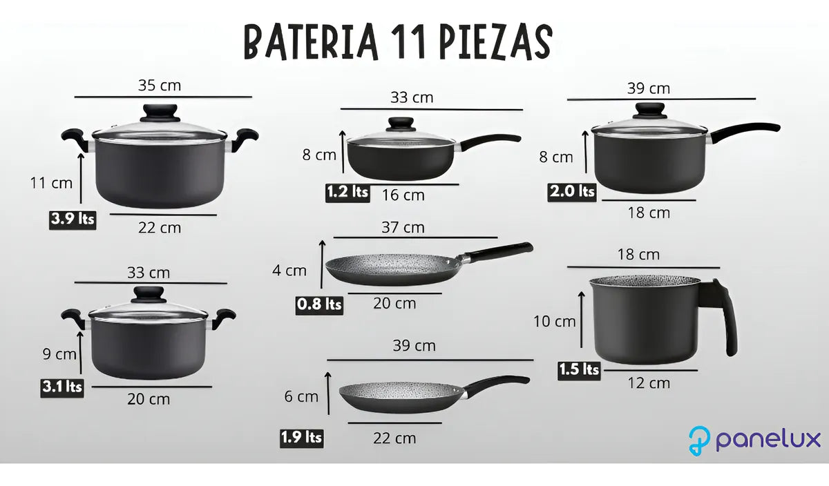 Bateria Cocina 11 Piezas Granito Antiadherente Panelux Negro Negro