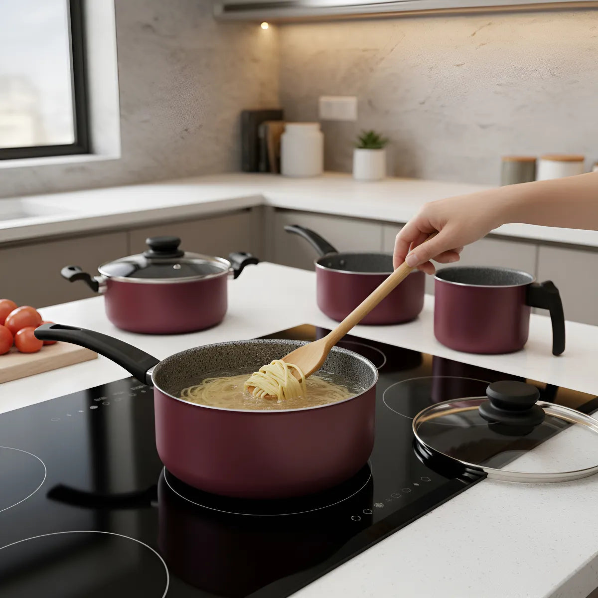 Bateria Cocina Ollas 11 Piezas Panelux Antiadherente Cereza Cereza