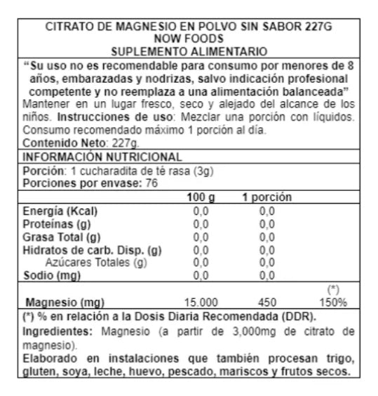 Citrato De Magnesio Puro En Polvo 227g Now Foods Magnesio