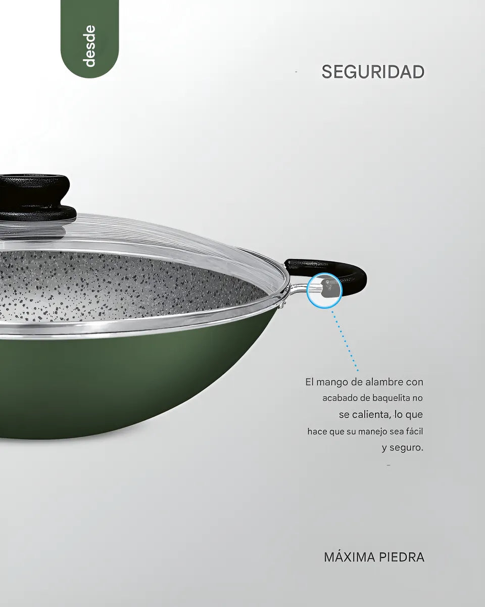 Wok Sarten Panelux 28cm Con Tapa Granito Antiadherente Verde Verde