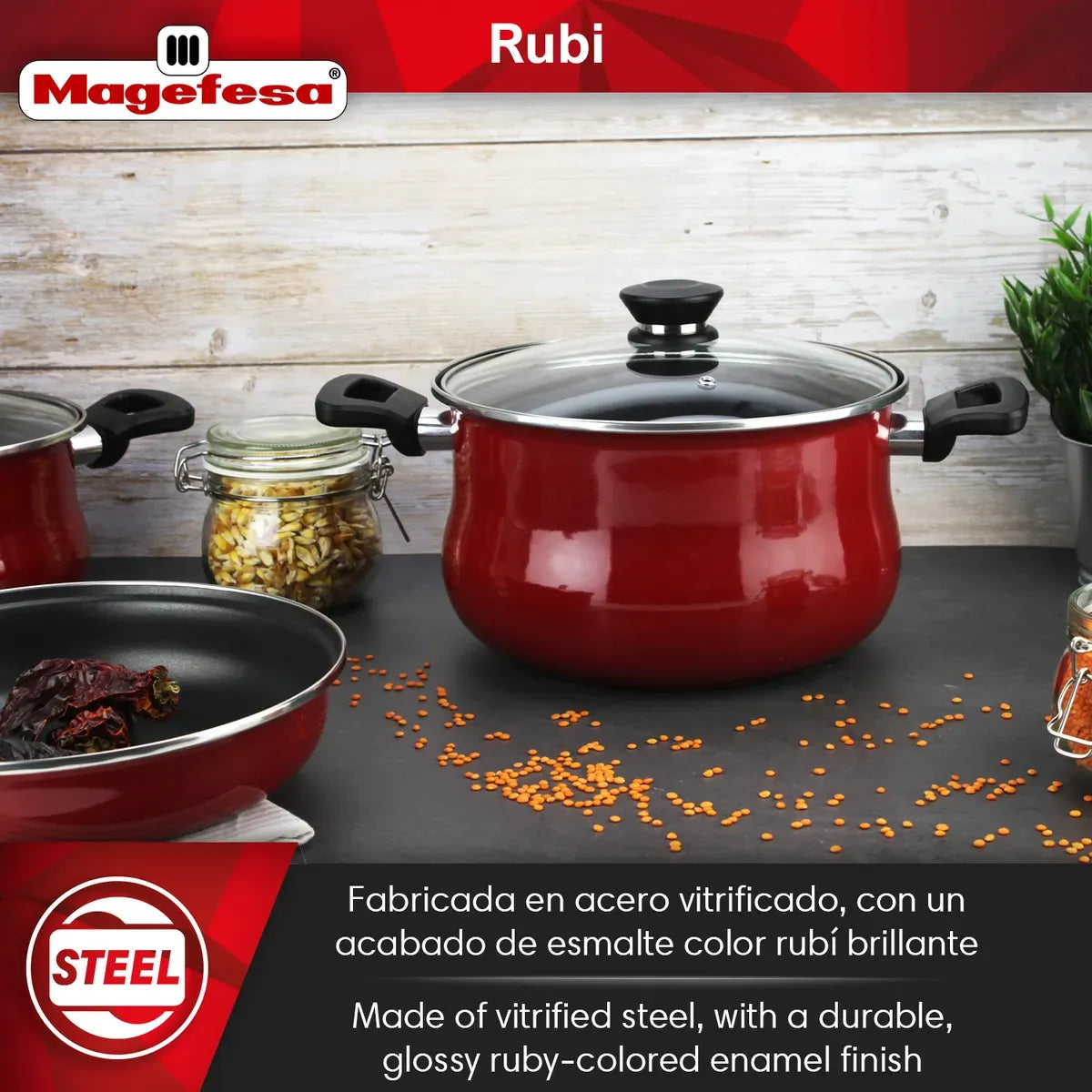 Bateria De Cocina Ollas Magefesa 7 Piezas Rubi Antiadherente