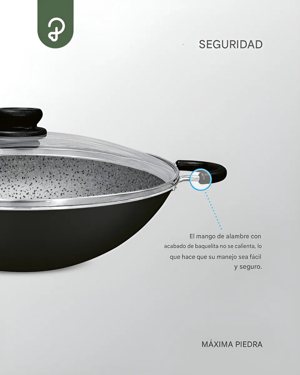 Wok Sarten Panelux 32cm Granito Antiadherente Con Tapa Negro