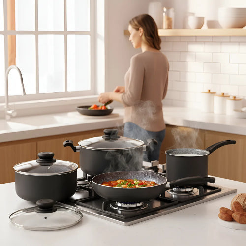 Batería De Cocina 8 Pzas Panelux Antiadherente Granito Negro Negro