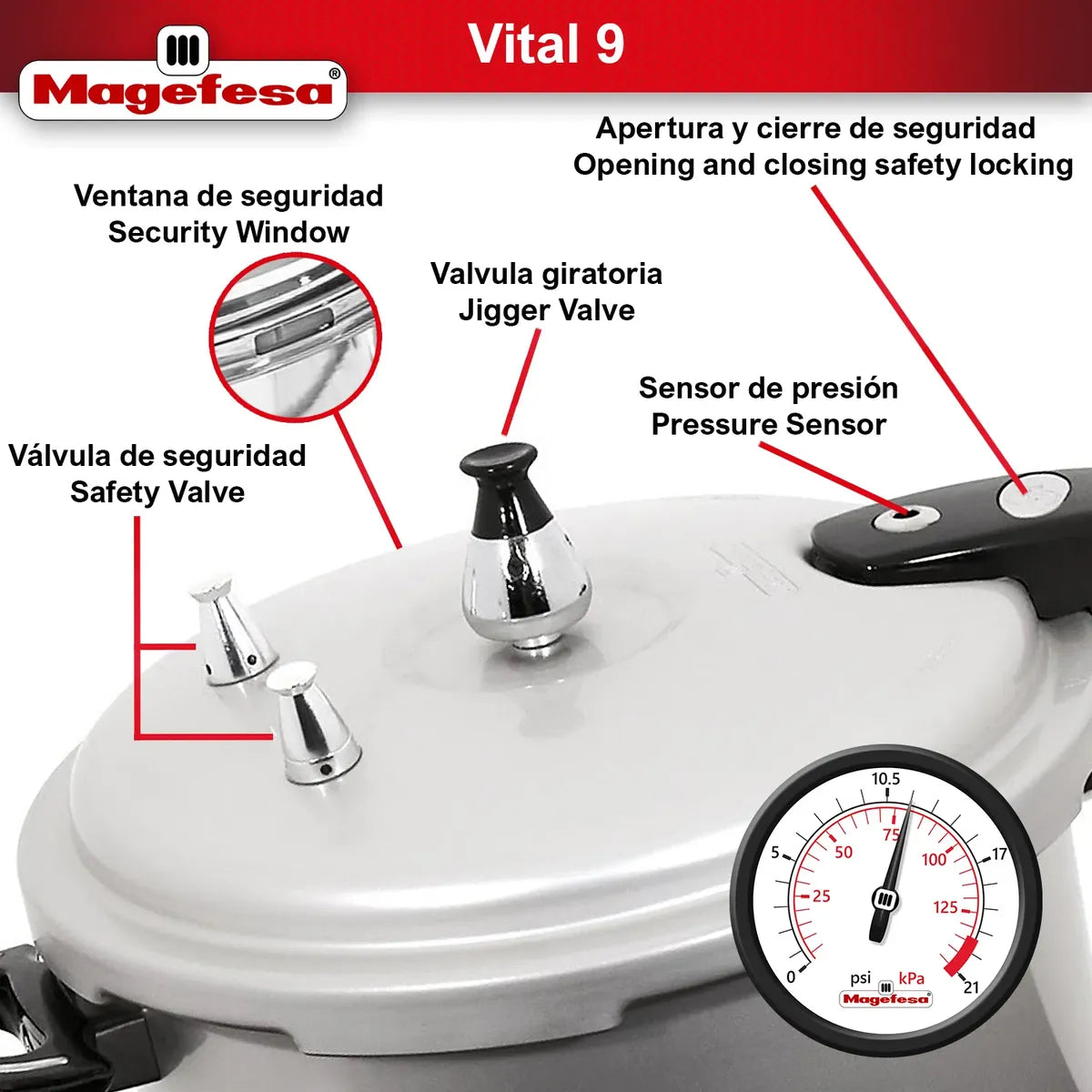 Olla A Presion Magefesa 9 Litros Vital Express Aluminio
