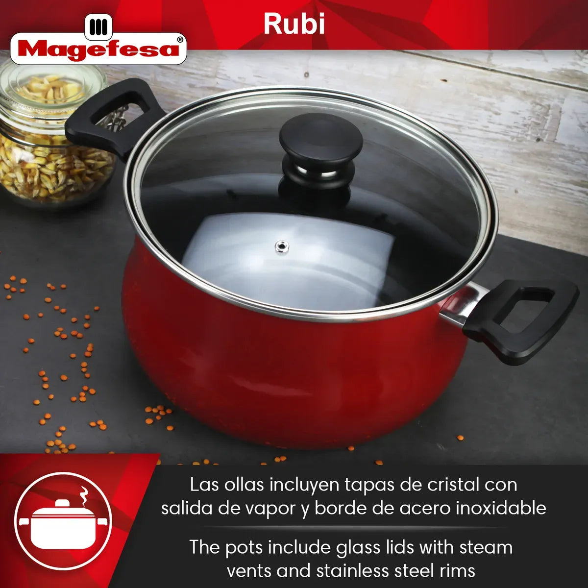 Bateria De Cocina Ollas Magefesa 7 Piezas Rubi Antiadherente