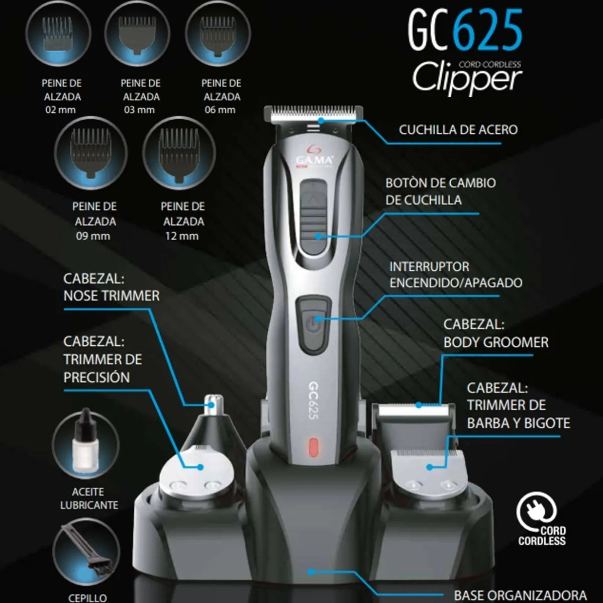 Recortadora Inalámbrica Ga.ma Gc 625 Negro 5 Cabezales