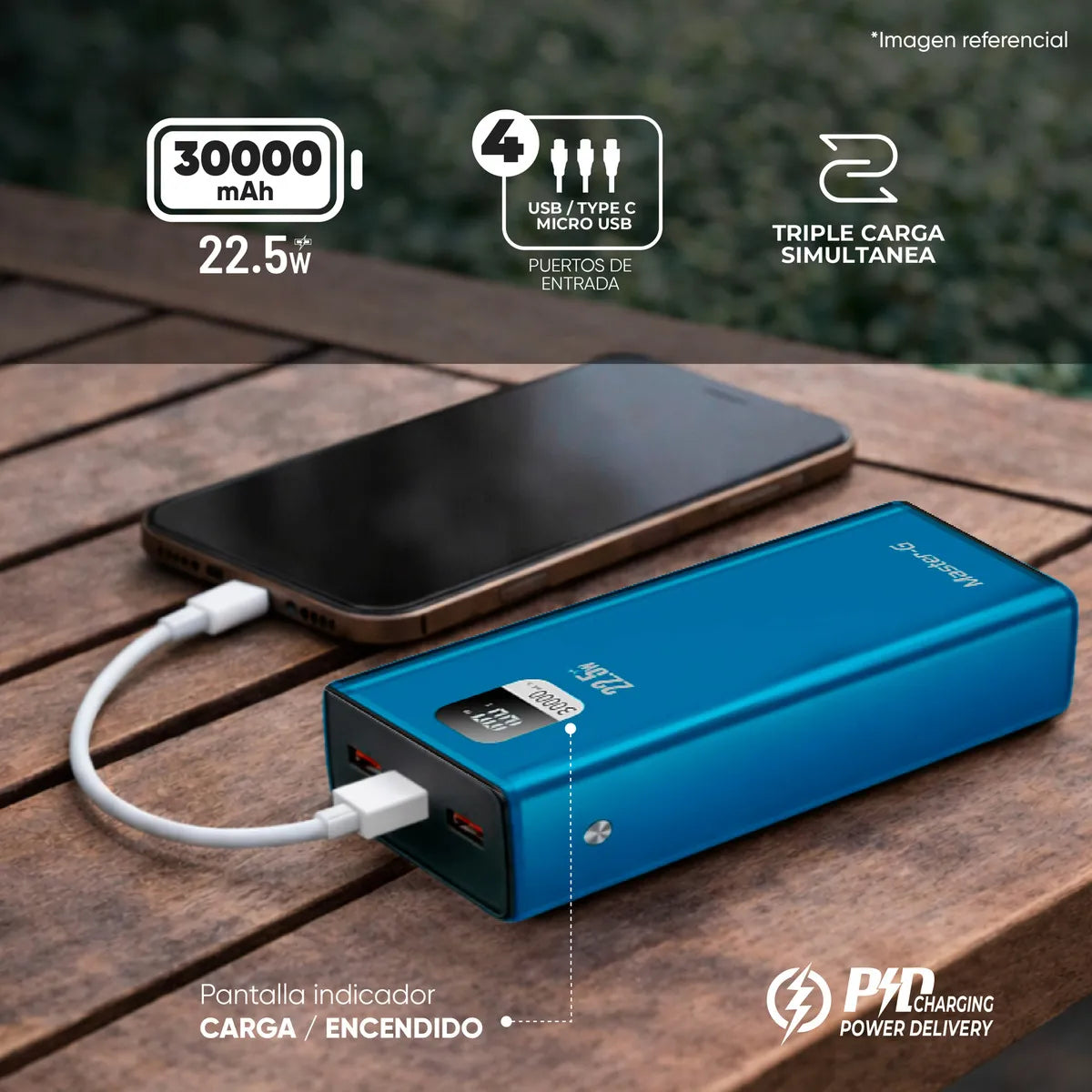 Cargador Portatil Bateria Power Bank Master-g 30000mah 22.5w Color Azul