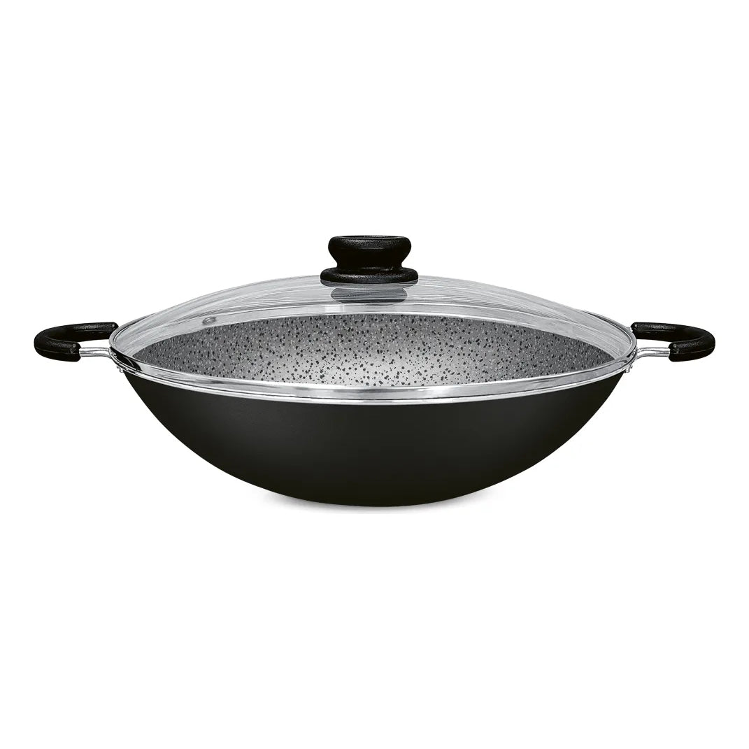 Wok Sarten Panelux 32cm Granito Antiadherente Con Tapa Negro