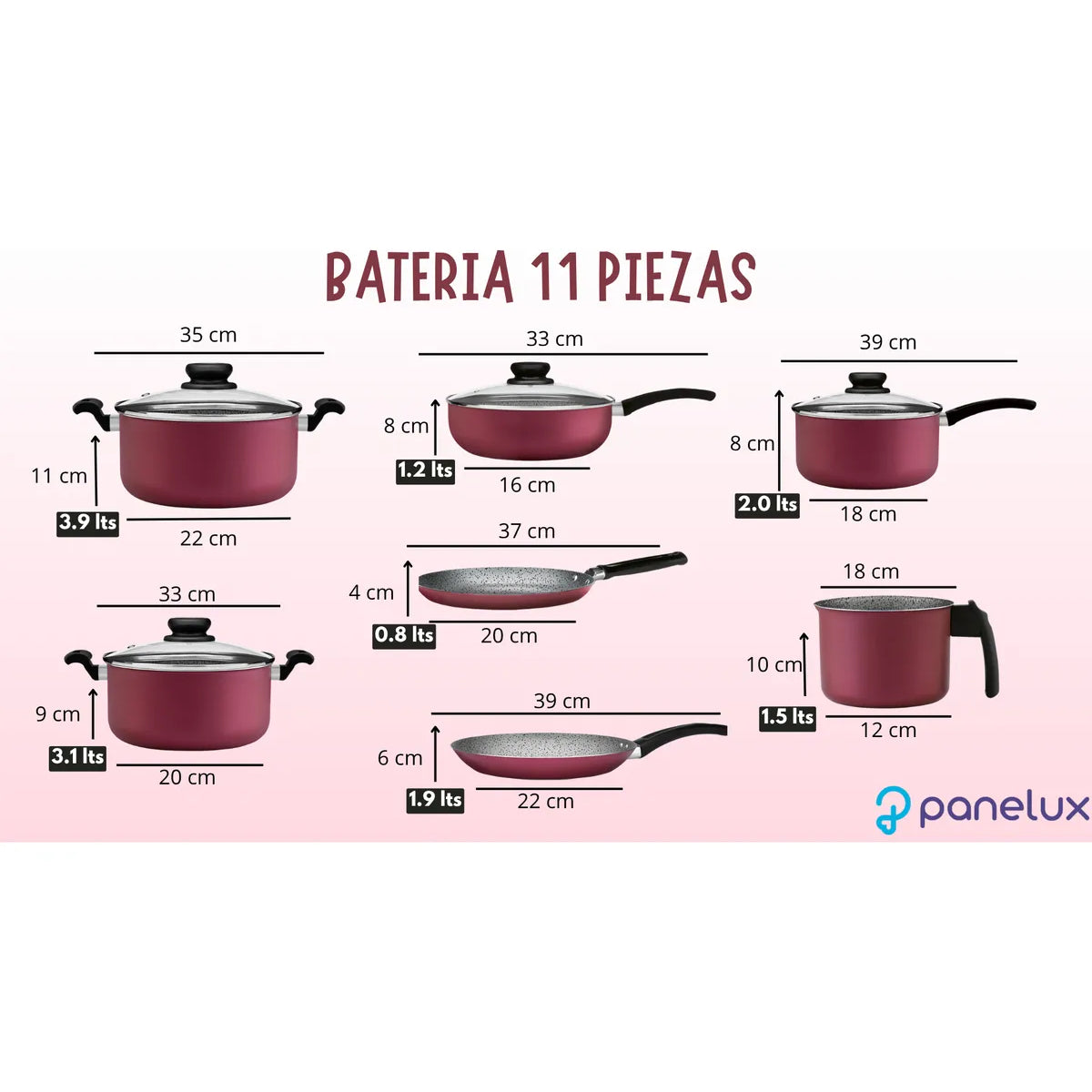 Bateria Cocina Ollas 11 Piezas Panelux Antiadherente Cereza Cereza
