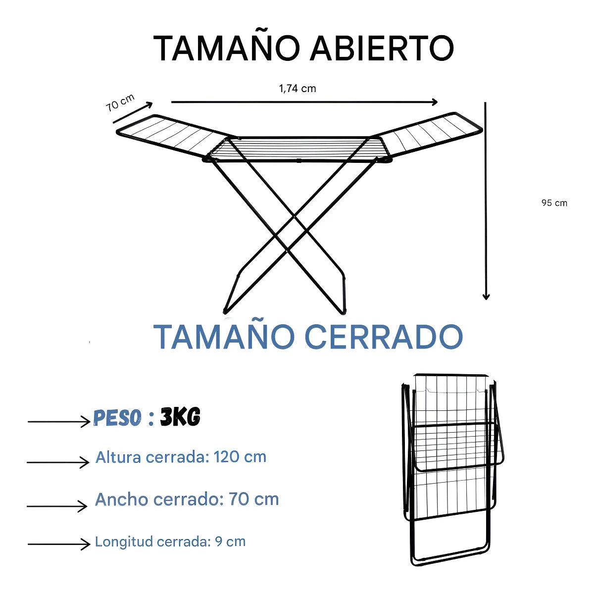 Tendedero Colgador Plegable 1.74m Mor Acero Reforzado Negro Negro