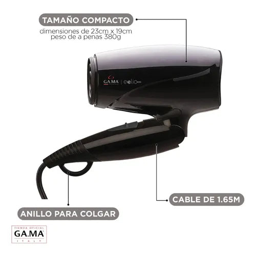Secador GA.MA Eolic Mini Negro 1600w Plegable Ion Negro